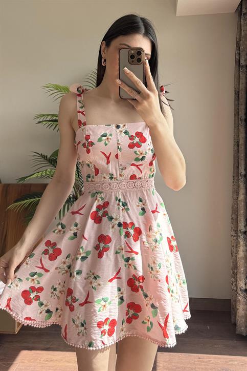 Pembe Kiraz Desenli Elbise