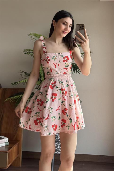 Pembe Kiraz Desenli Elbise