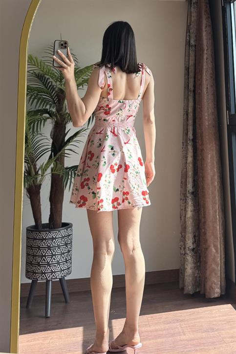 Pembe Kiraz Desenli Elbise