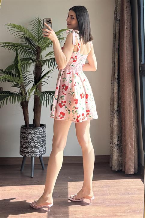 Pembe Kiraz Desenli Elbise