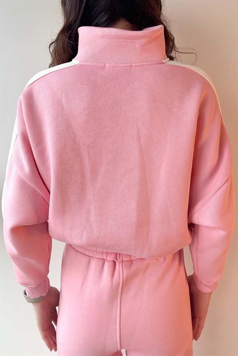 Pembe Kol Şeritli Fermuarlı Üç İplik Sweatshirt