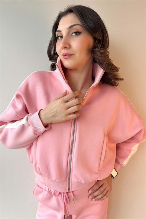 Pembe Kol Şeritli Fermuarlı Üç İplik Sweatshirt