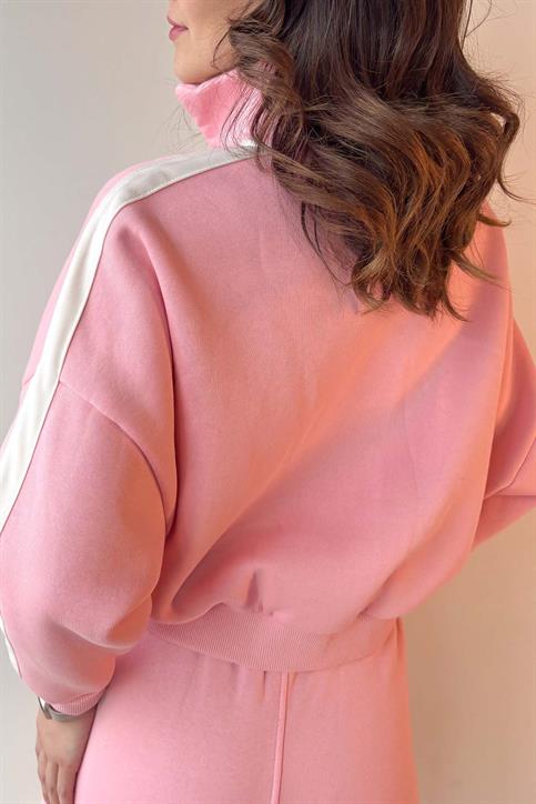 Pembe Kol Şeritli Fermuarlı Üç İplik Sweatshirt