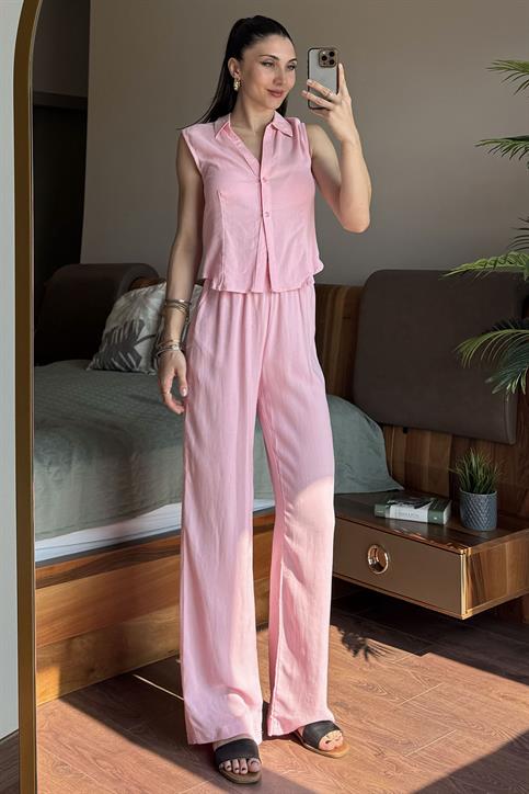 Pembe Kolsuz Gömlek Pantolon Takım