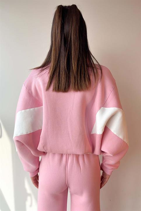 Pembe Kolu Parça Detaylı Üç İplik Şardonlu Fermuarlı Sweatshirt