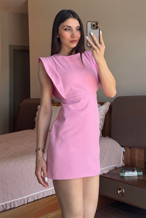 Pembe Kolu Volanlı Elbise