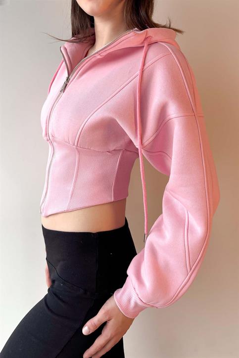 Pembe Korse Görünümlü Fermuarlı Sweatshirt