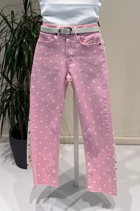 Pembe Krem Puan Desenli Paça Kesik Boyfit Jean