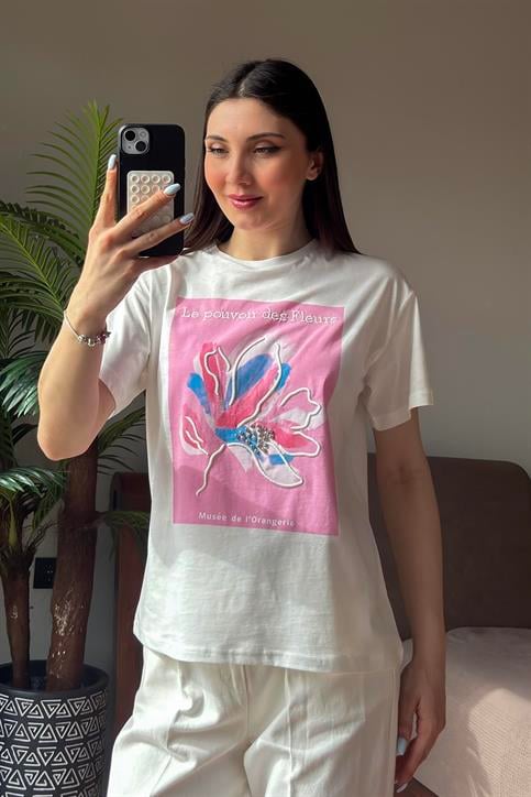 Pembe Le Pouvoir des Fleurs Baskılı T Shirt