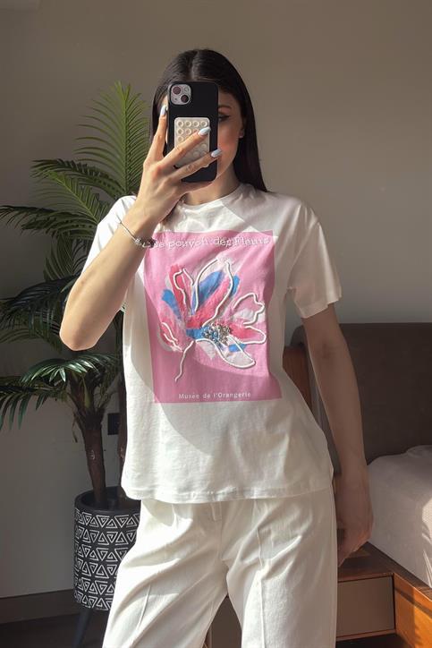 Pembe Le Pouvoir des Fleurs Baskılı T Shirt