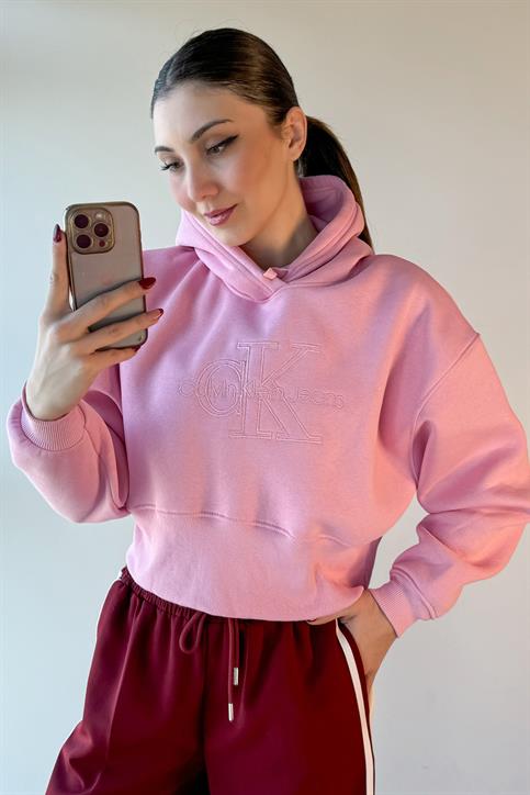 Pembe Nakış Detaylı Kapüşonlu Crop Sweatshirt