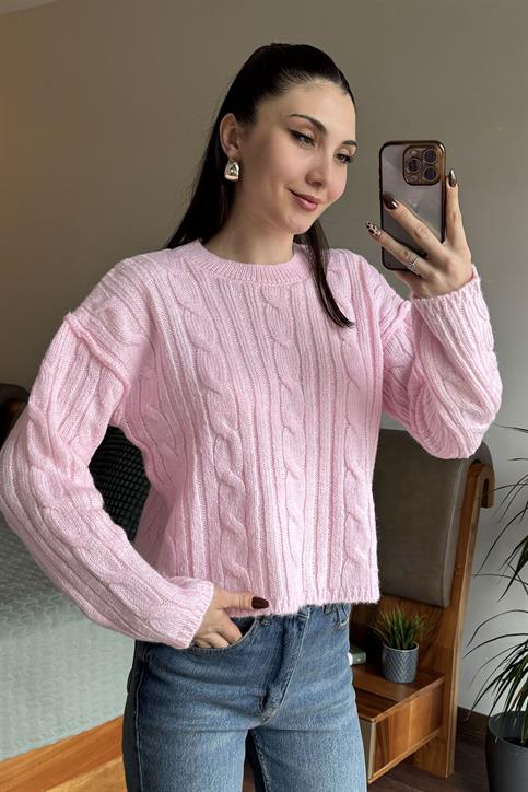 Pembe Olivia Saç Örgülü Triko Kazak