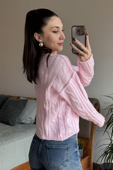 Pembe Olivia Saç Örgülü Triko Kazak