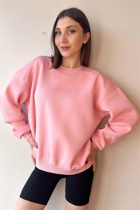Pembe Oversize Bisiklet Yaka İçi Şardonlu Üç İplik Sweatshirt