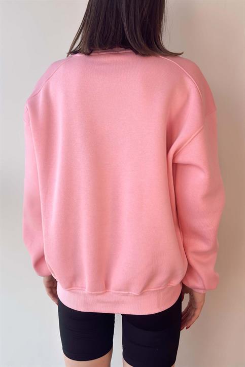 Pembe Oversize Bisiklet Yaka İçi Şardonlu Üç İplik Sweatshirt