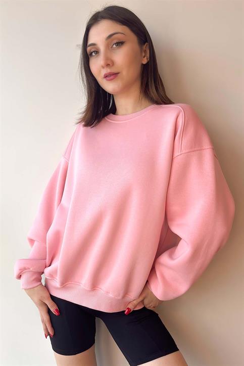Pembe Oversize Bisiklet Yaka İçi Şardonlu Üç İplik Sweatshirt