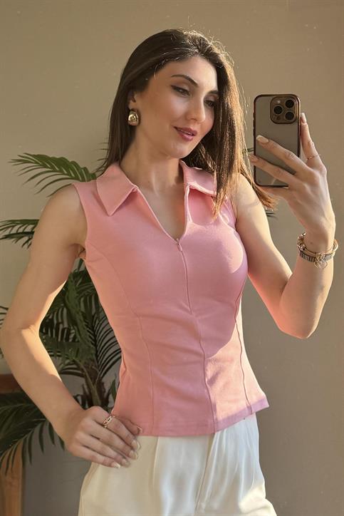 Pembe Polo Yaka Fermuarlı T Shirt