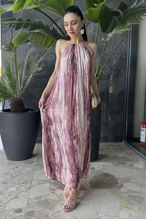 Pembe Sırt Dekolteli Boyundan Bağlamalı Elbise