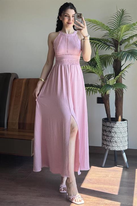 Pembe Sırtı Bağlamalı Keten Elbise