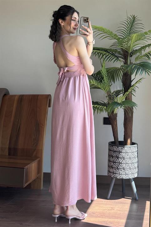 Pembe Sırtı Bağlamalı Keten Elbise
