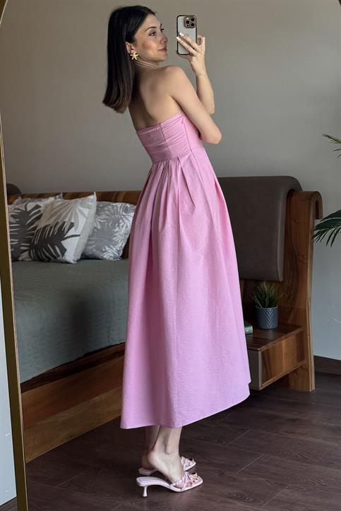 Pembe Straplez Maxi Elbise