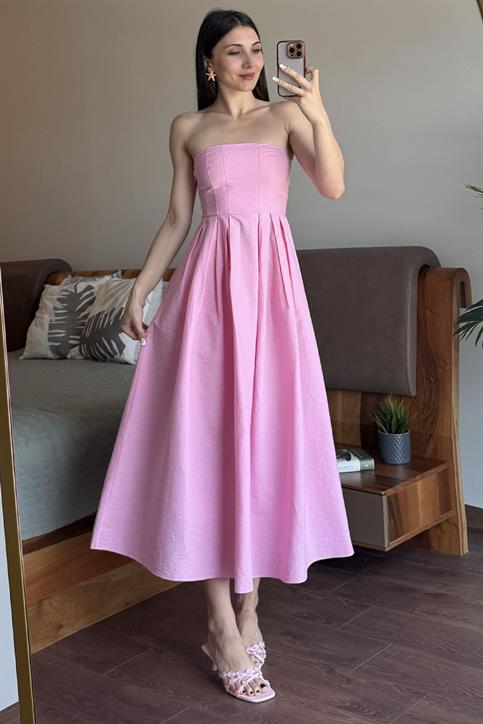 Pembe Straplez Maxi Elbise