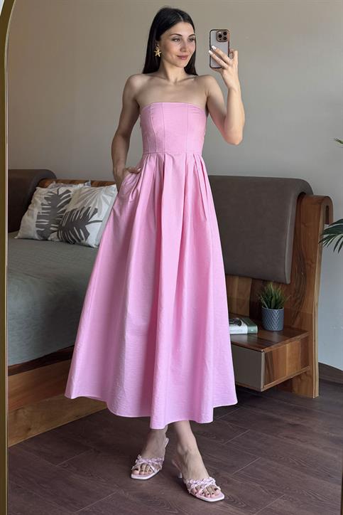 Pembe Straplez Maxi Elbise