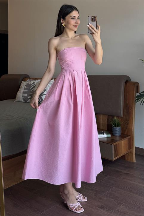 Pembe Straplez Maxi Elbise