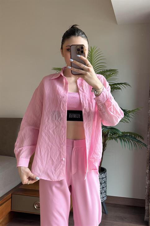 Pembe Transparan Çizgili Gömlek
