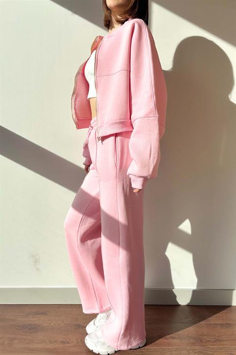 Pembe Winner İçi Şardonlu Üç İplik Fermuarlı Ceket ve Palazzo Eşofman Takımı