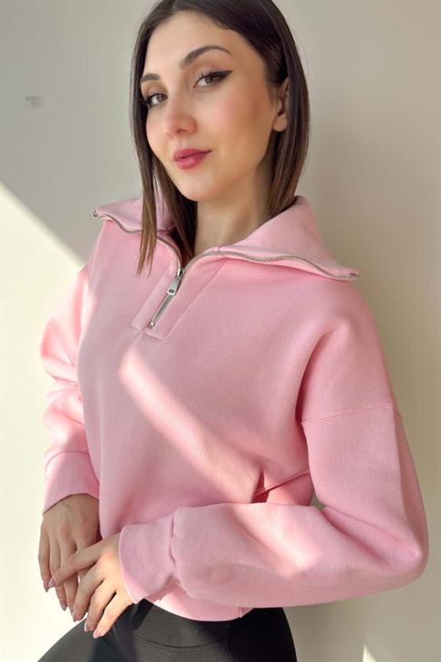 Pembe Yaka Detaylı Crop Sweatshirt