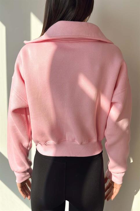 Pembe Yaka Detaylı Crop Sweatshirt