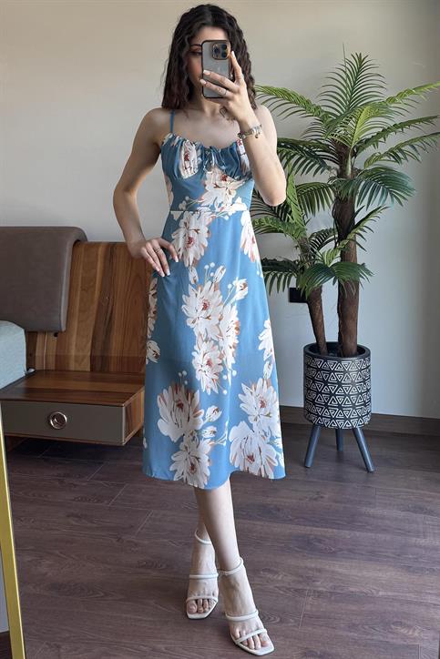 Petrol Mavi İp Askılı Midi Boy Elbise
