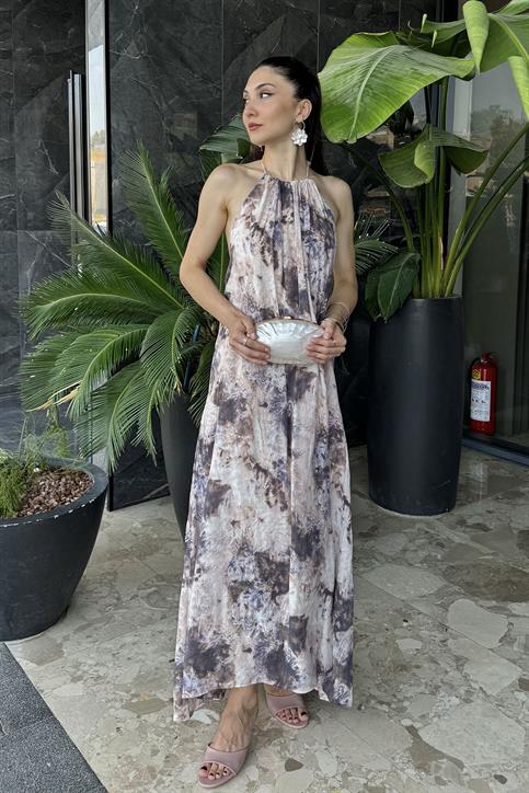 Pudra Batik Desenli Boyundan Bağlamalı Elbise