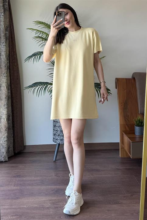 Sarı Alo Gümüş Baskılı Oversize Elbise