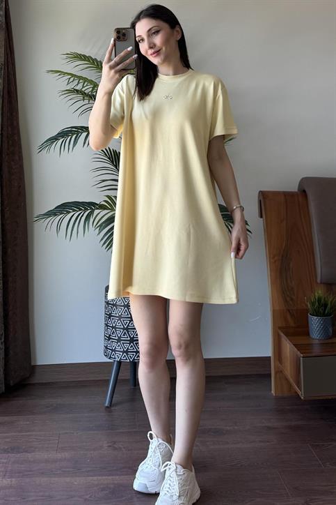 Sarı Alo Gümüş Baskılı Oversize Elbise