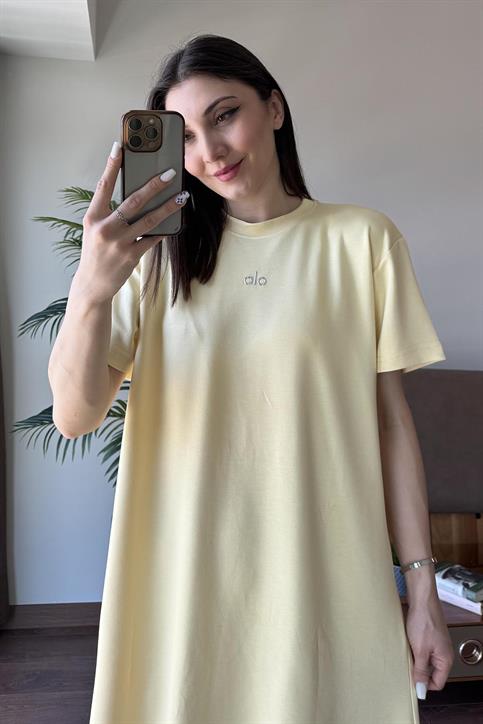 Sarı Alo Gümüş Baskılı Oversize Elbise