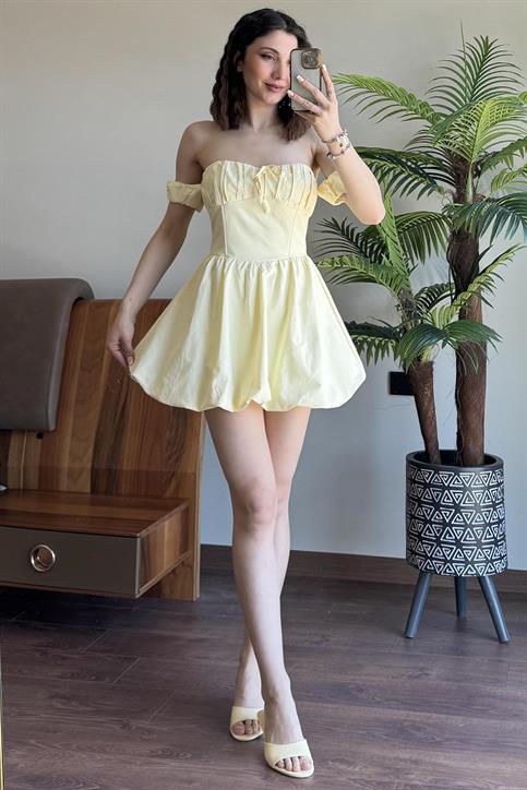 Sarı Balon Etekli Mini Elbise