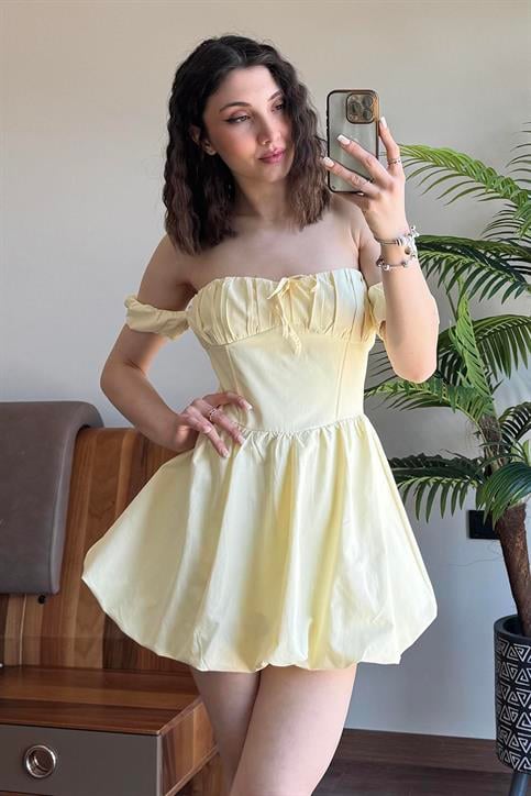 Sarı Balon Etekli Mini Elbise
