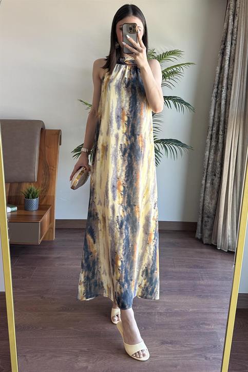 Sarı Batik Desenli Saten Elbise