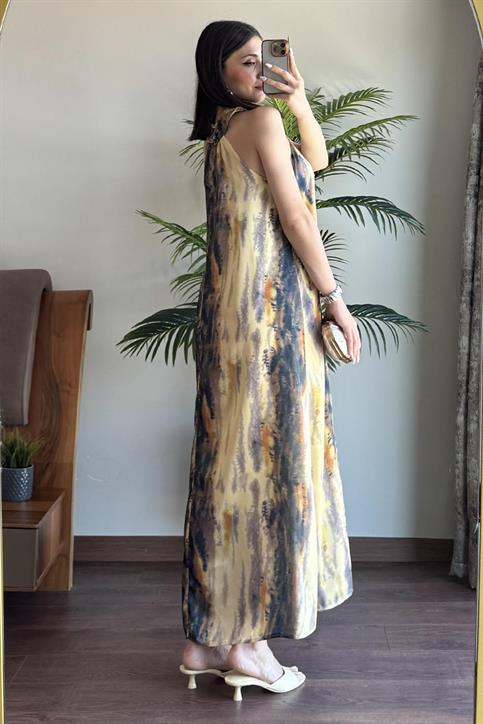 Sarı Batik Desenli Saten Elbise
