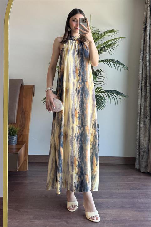 Sarı Batik Desenli Saten Elbise