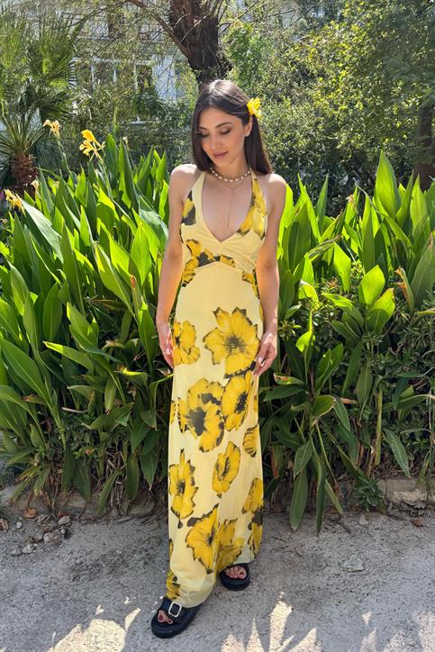 Sarı Boyundan Bağlamalı Elbise