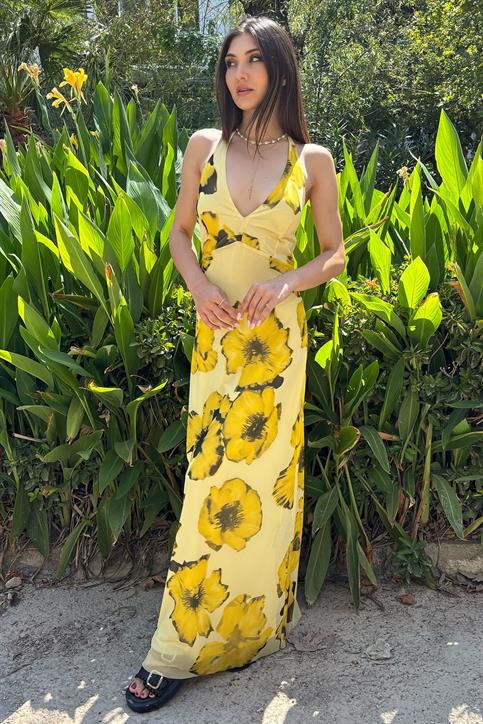 Sarı Boyundan Bağlamalı Elbise