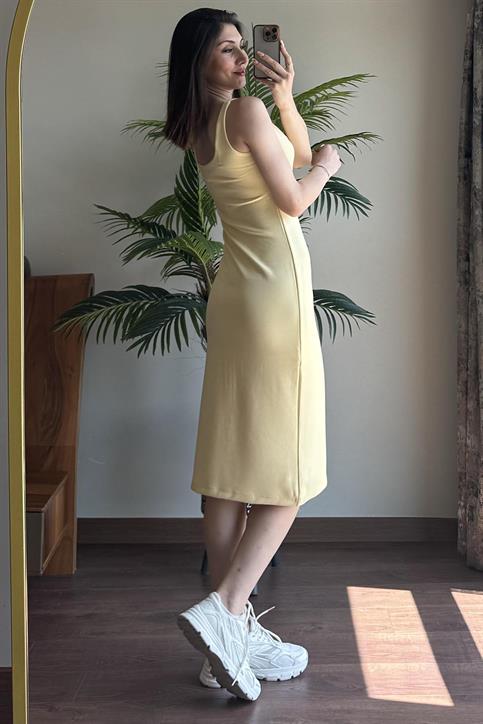 Sarı Kalın Askılı Astarlı Elbise