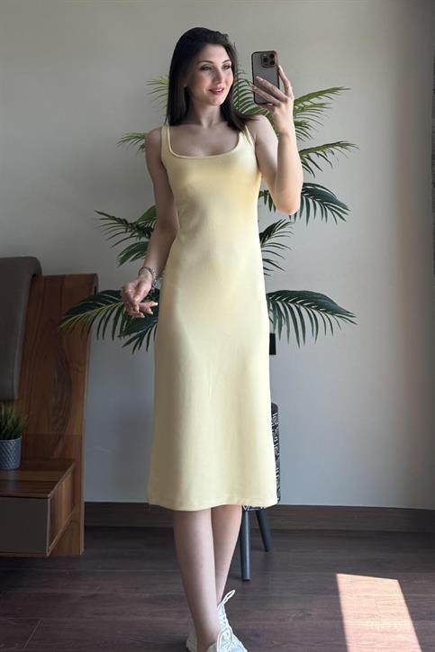 Sarı Kalın Askılı Astarlı Elbise