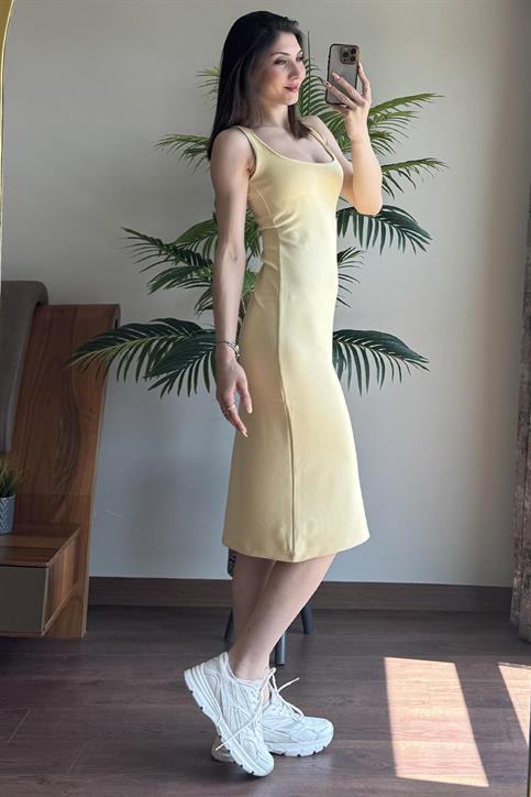 Sarı Kalın Askılı Astarlı Elbise