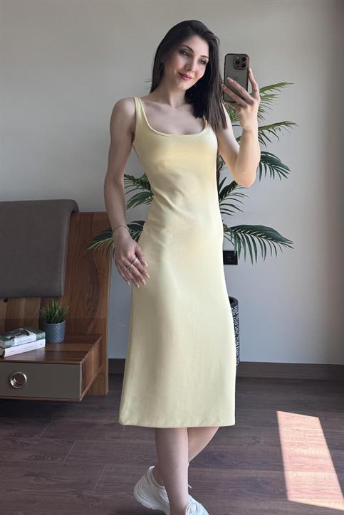 Sarı Kalın Askılı Astarlı Elbise