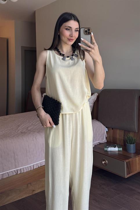 Sarı Keten Şalvar Takım
