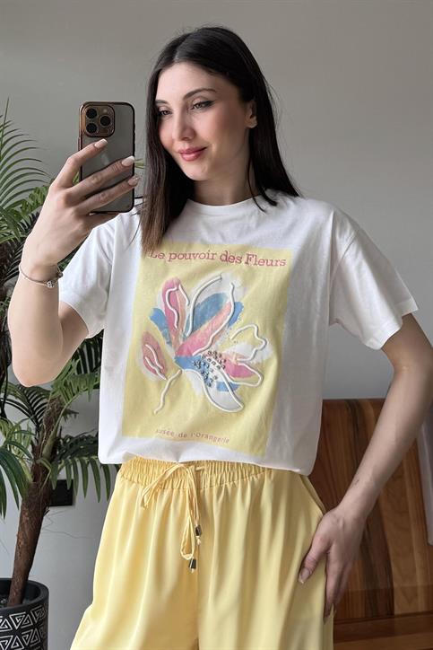 Sarı Le Pouvoir des Fleurs Baskılı T Shirt